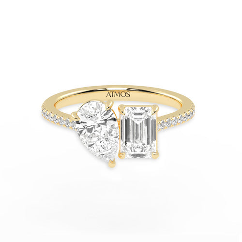 Atmos Pear-Emerald Two-Stone Diamond Ring yellow gold