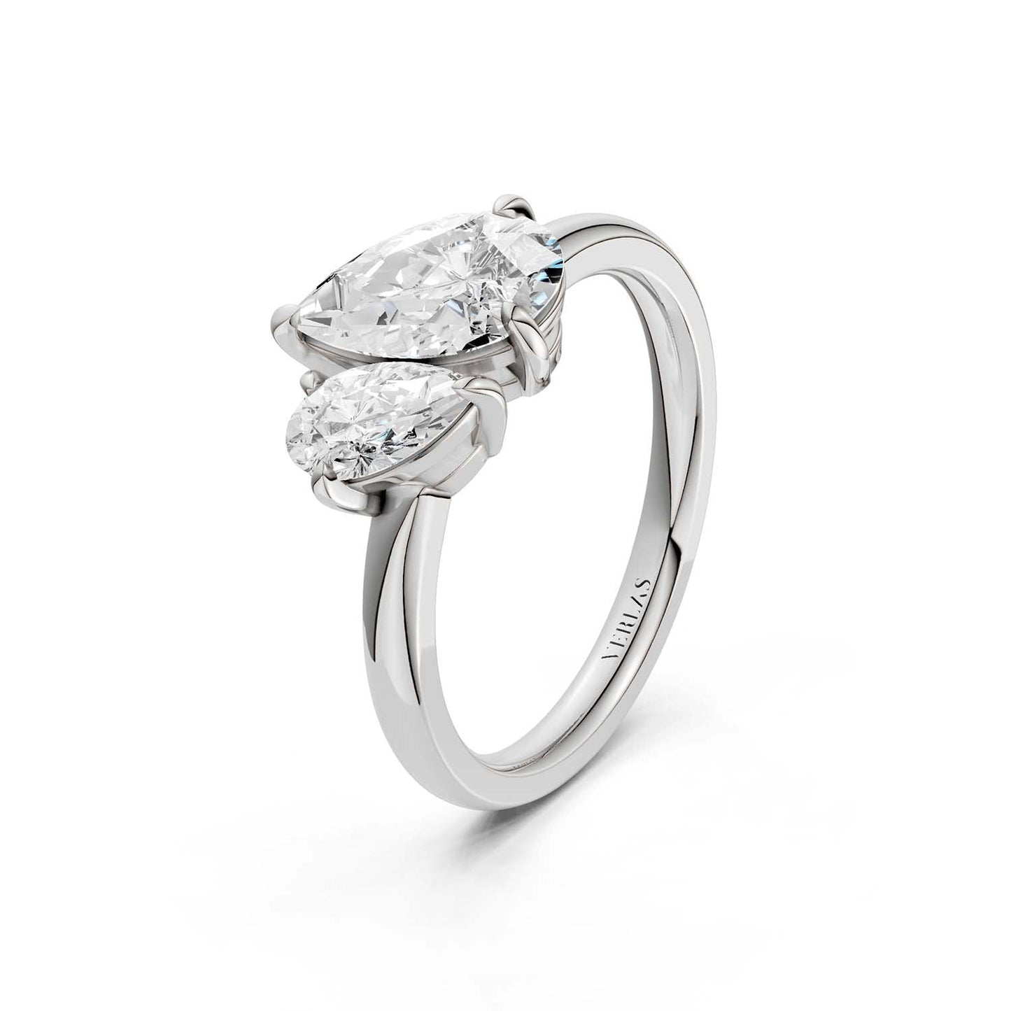 Asymmetrical Pear Diamond Two Stone Ring