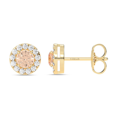 Round Gemstone Diamond Halo Peeking Studs yellow gold