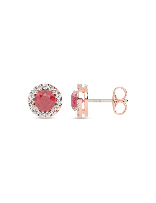 Round Gemstone Diamond Halo Peeking Studs rose gold