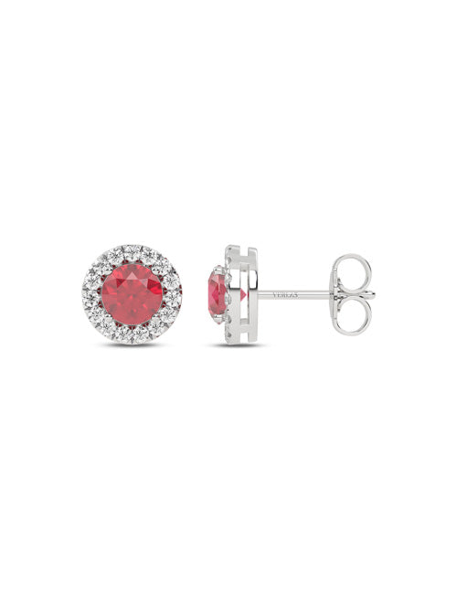 Round Gemstone Diamond Halo Peeking Studs white gold