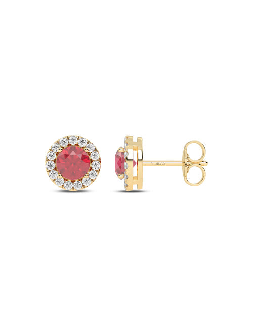 Round Gemstone Diamond Halo Peeking Studs yellow gold