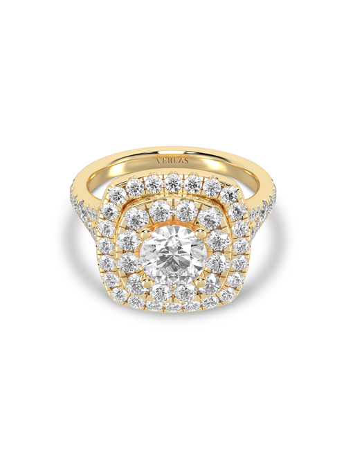Round-Center Princess Double Halo Ring yellow gold
