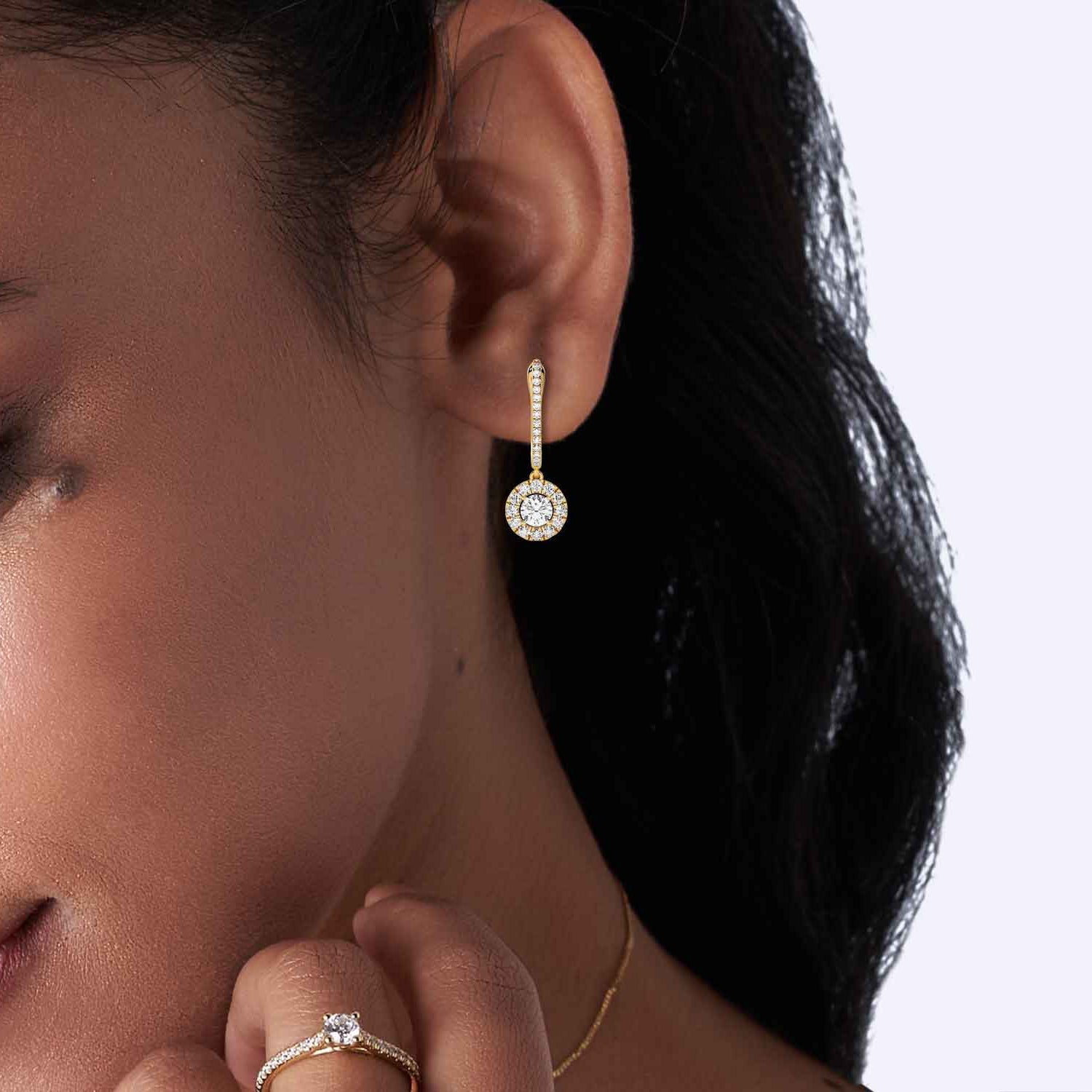 Round Halo Drop Earrings_Product Angle_Lifestyle Image