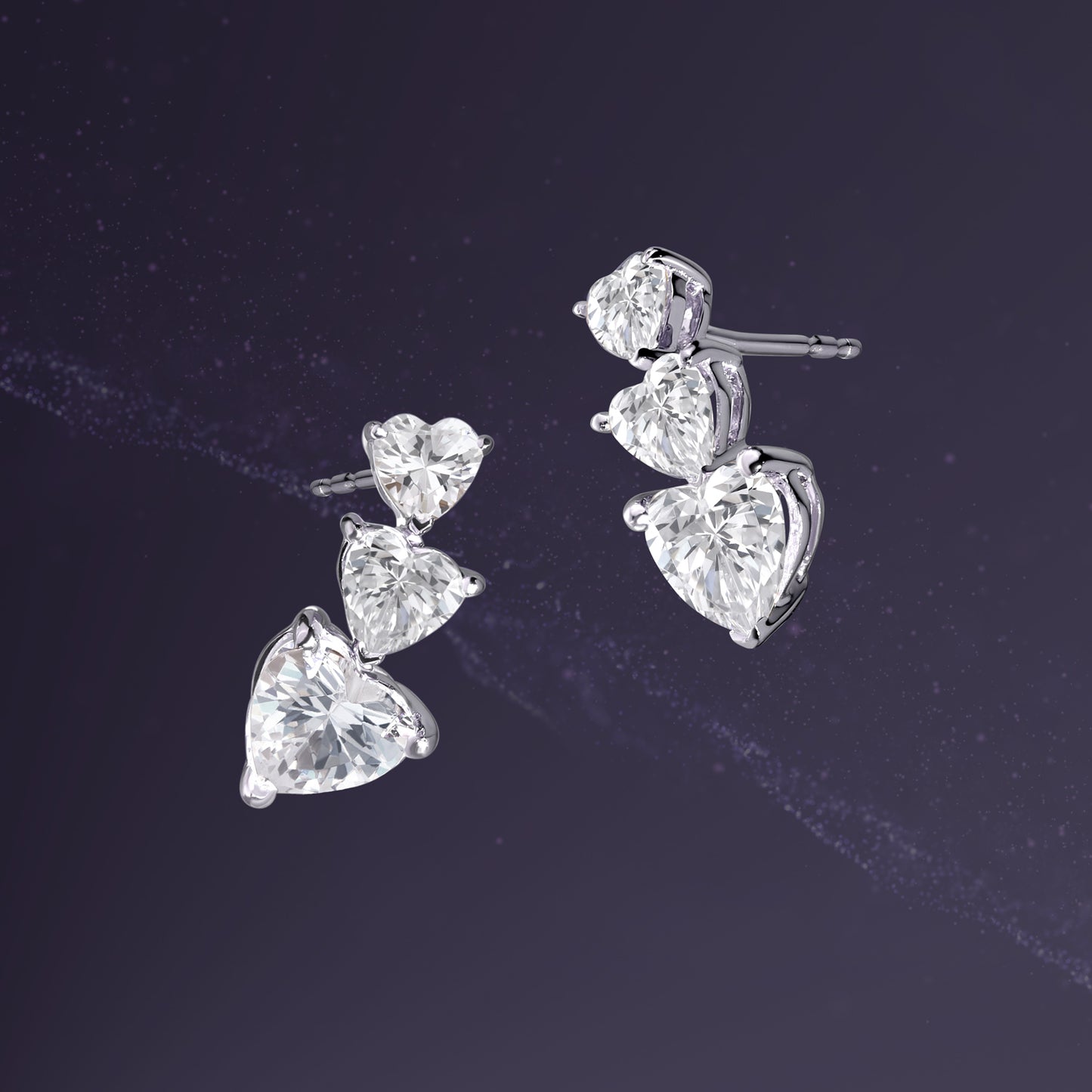 3-Stone Graduated Heart Drop Earrings