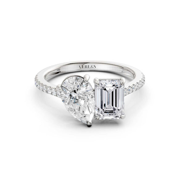 Pear Emerald Two Stone Diamond Ring