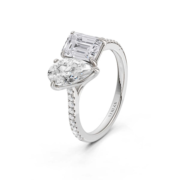 Pear Emerald Two Stone Diamond Ring